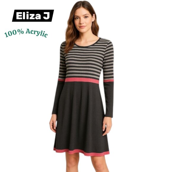 Eliza J Knit Dress Size L – Striped Colorblock Pink Accent Long Sleeve - Picture 1 of 9